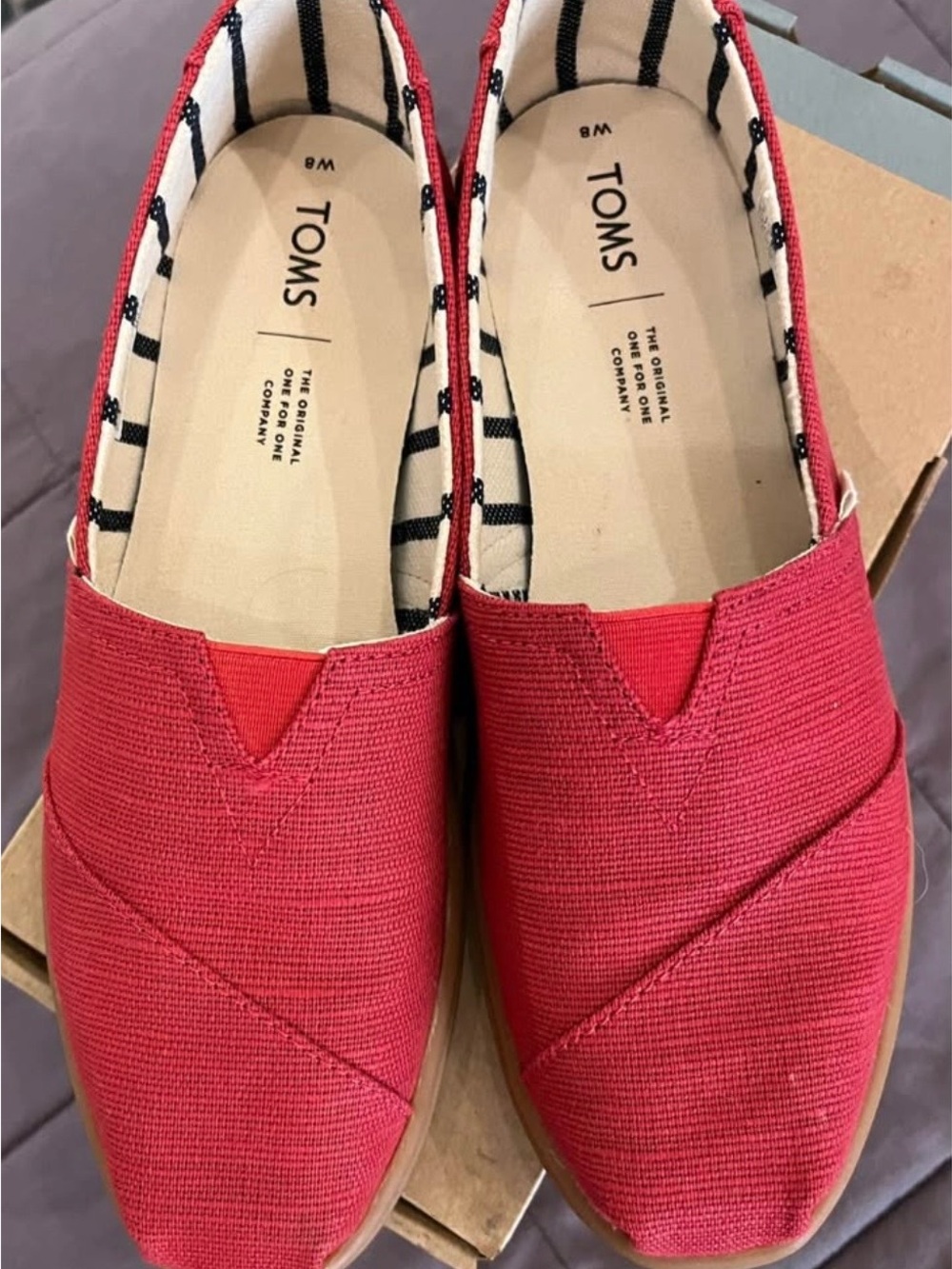 Toms Red Canvas Slip-On Flats with Striped Lining